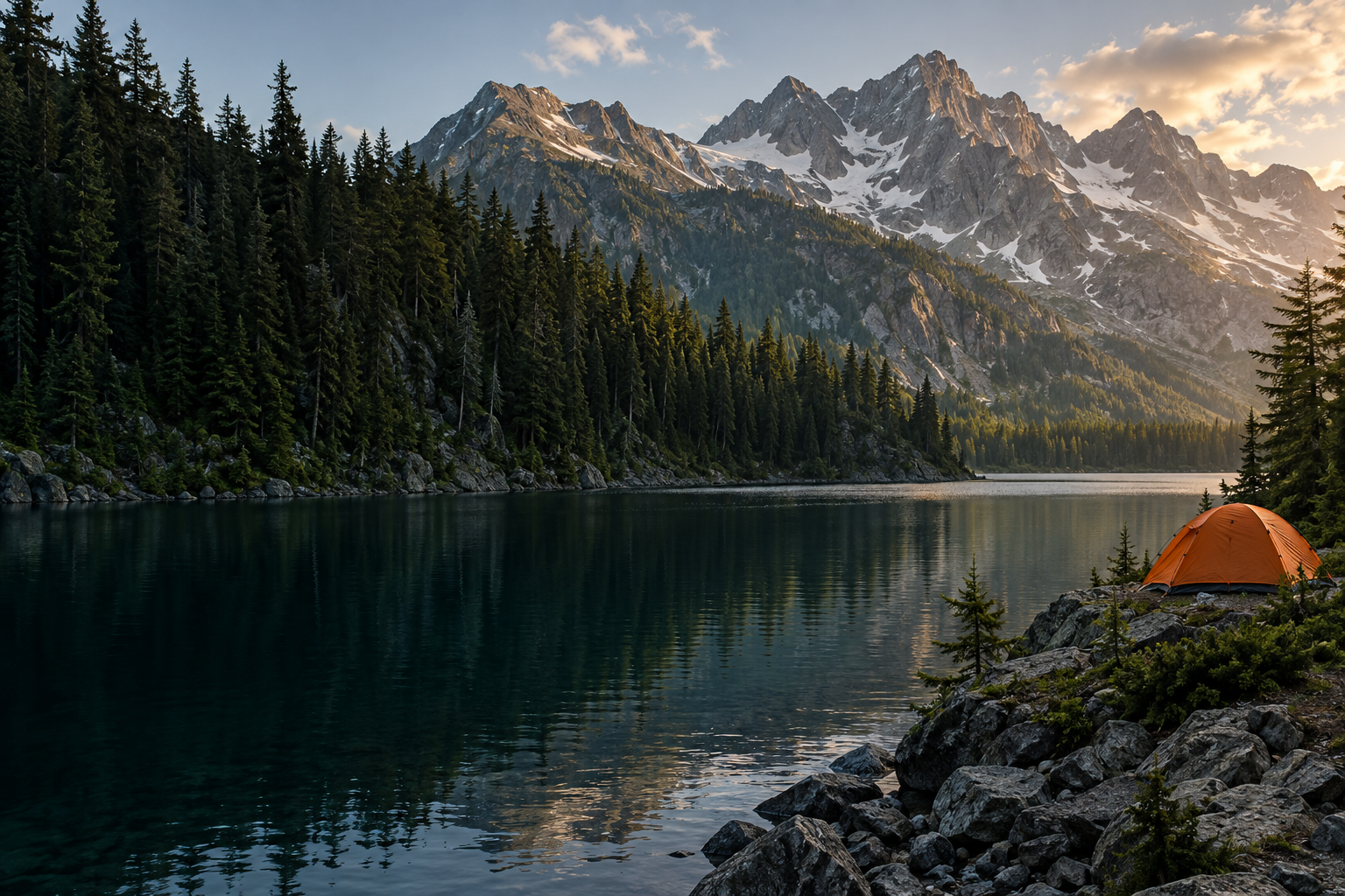 A tent beside a quiet wilderness lake